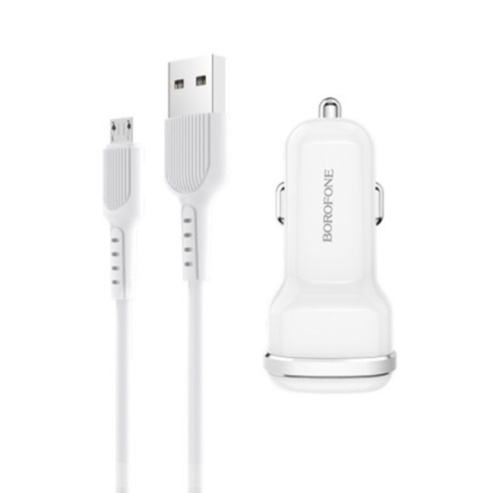 Зарядно устройство за кола Borofone BZ13, 2 х USB, 12W, MicroUSB кабел за данни, Бял