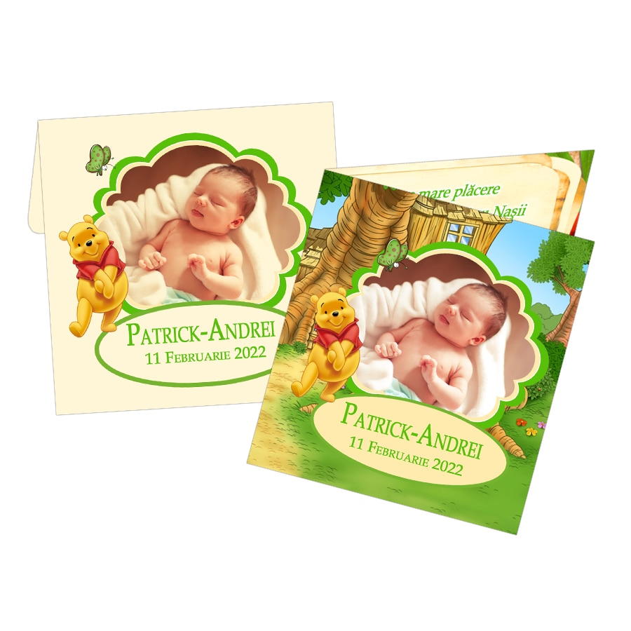 Invitatie botez tematica Winnie The Pooh, personalizata cu fotografie si text, dimensiune 18×9 cm