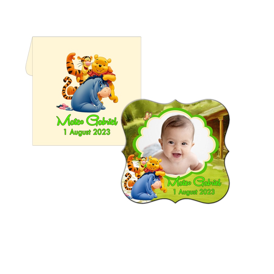Marturie botez forma vintage, magnet cu plic Winnie the Pooh, dimensiune 9x9 cm
