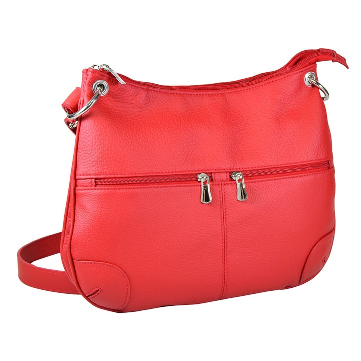 Чанта за рамо Magazinul De Genti, мека кожа с ципове, модел 217, червен