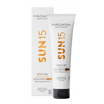 Crema de soare Beach BB SPF15 cu particule stralucitoare 150ml Madara Crema de soare Beach BB SPF15 cu particule stralucitoare 150ml Madara