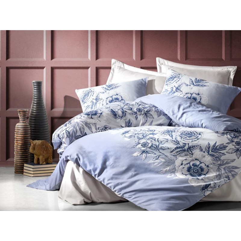 Lenjerie de pat dublu, 6 piese, Cottonbox, model Alissa Albastra , bumbac 100% Satin