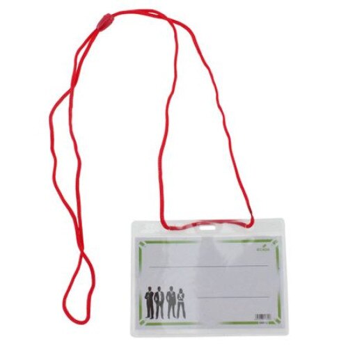 Ecuson din plastic cu snur, orizontal cu snur rosu, Set 100buc.