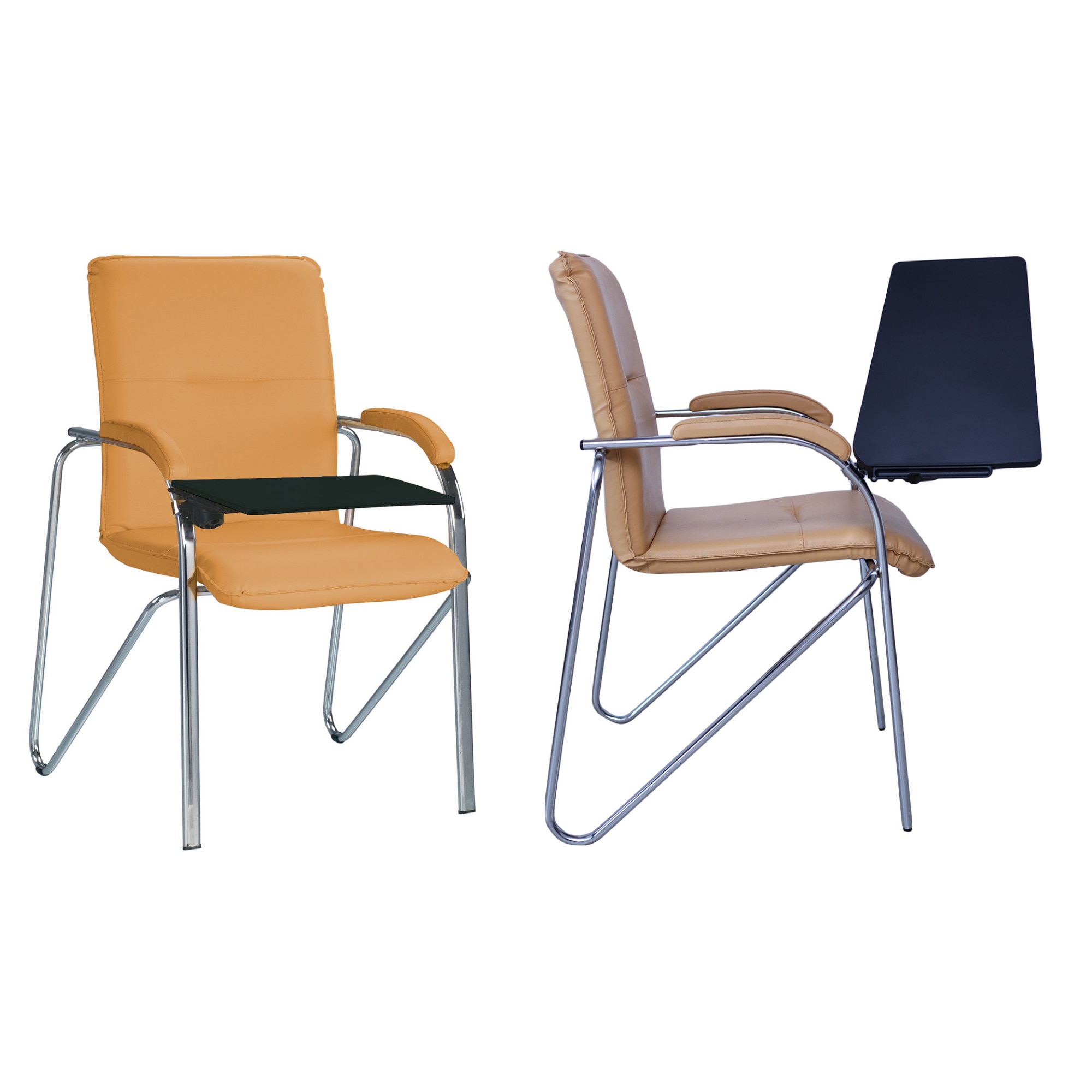 Set 2 scaune vizitator SAMBA Soft cu masuta rabatabila, Ocru piele ecologica, Ergonica