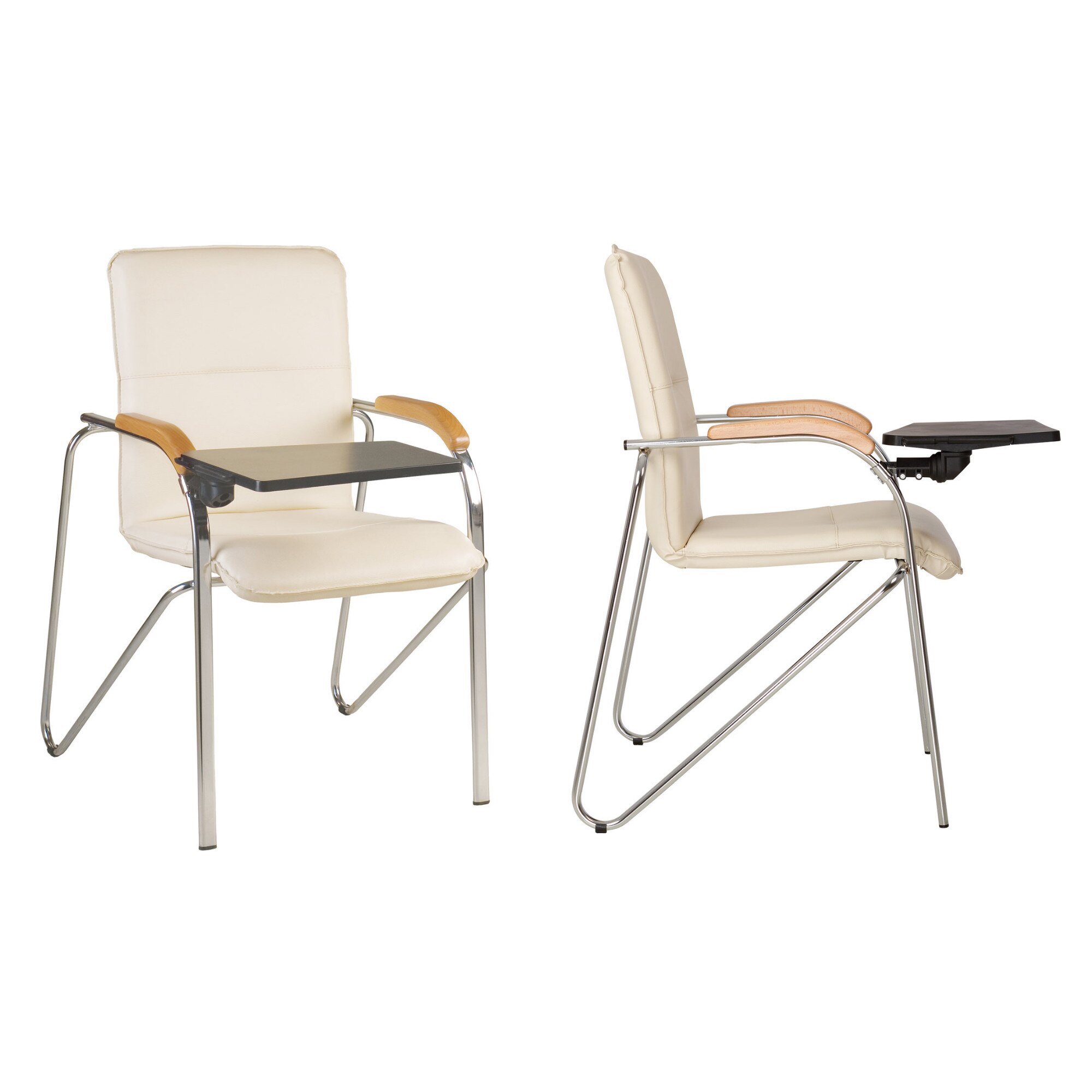 Set 2 scaune vizitator SAMBA Wood cu masuta rabatabila, Crem piele ecologica, Ergonica