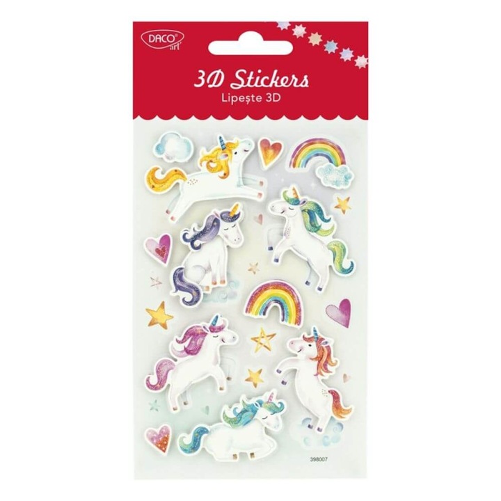 Abtibilduri DACO Lipeste 3D, Model Unicorni, 17 Buc/Set, Multicolor