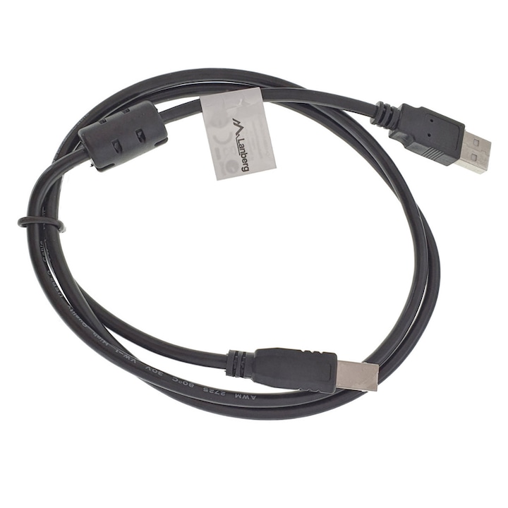 Cablu USB 2.0 pentru imprimanta, Lanberg 42864, lungime 100cm, cu miez de ferita, USB-A tata la USB-B tata, negru