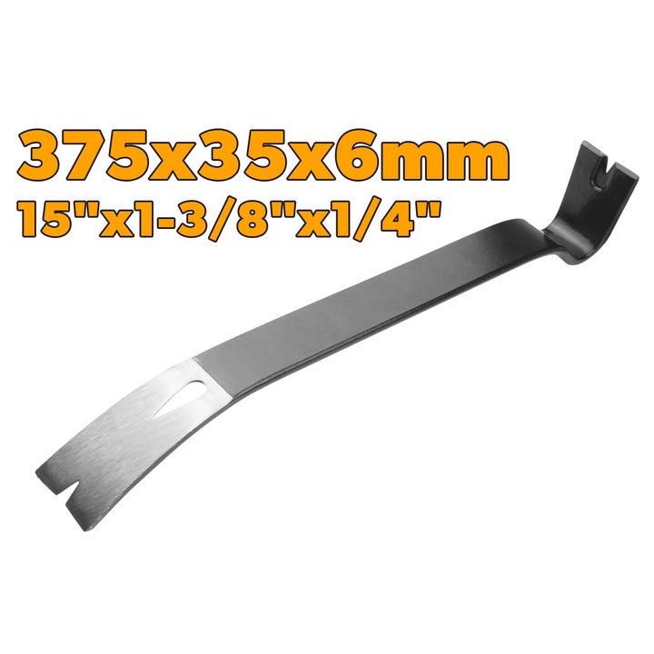 Levier plat TOLSEN 375 mm (15"), otel carbon de calitate superioara, finisaj cu pulbere, muchii rugoase, fante pentru cuie la ambele capete, rezistenta si versatilitate in lucrarile de demolare si reparatii