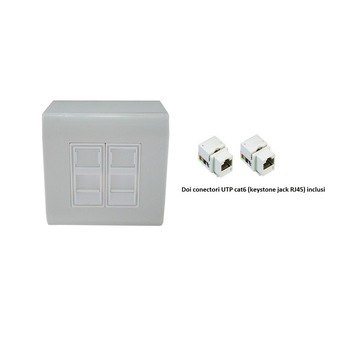 Priza dubla voce/date cat6 LanKATT neecranata 2 x RJ45 - 80x80, UTP, modulara, echipata, montaj aparent - Gigabit Priza dubla voce/date cat6 LanKATT neecranata 2 x RJ45 - 80x80, UTP, modulara, echipata, montaj aparent - Gigabit