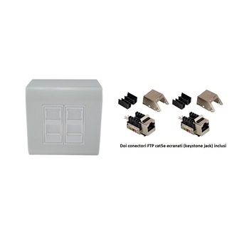 Priza dubla voce/date cat5e LanKATT ecranata 2 x RJ45 - 80x80, FTP, modulara, echipata, montaj aparent Priza dubla voce/date cat5e LanKATT ecranata 2 x RJ45 - 80x80, FTP, modulara, echipata, montaj aparent