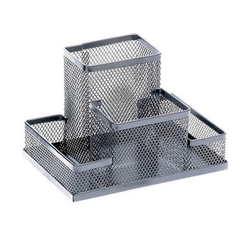 Suport plasa metalica accesorii birou, 4 compartimente - argintiu Suport plasa metalica accesorii birou, 4 compartimente - argintiu
