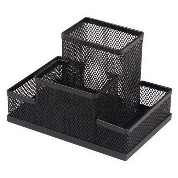 Suport plasa metalica accesorii birou, 4 compartimente - negru