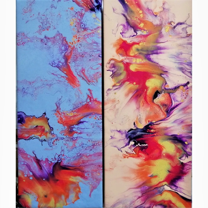 Tablou pictat manual, Two Souls, Set Canvas pe sasiu de lemn, 20 x 50 cm, Multicolor, Abstract