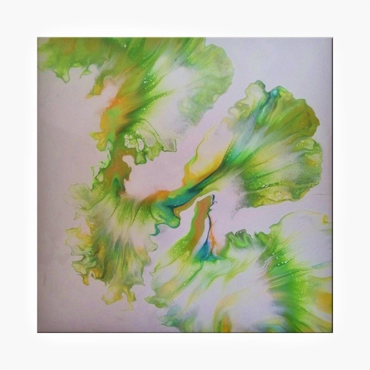 Tablou pictat manual, Green Energy, Canvas pe sasiu de lemn, 40 x 40 cm, Multicolor, Abstract