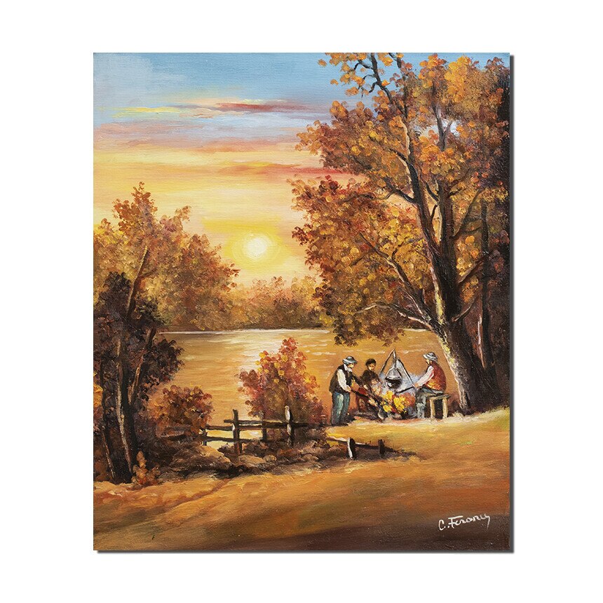 Tablou pictat manual - Pescari la foc de tabara - 60x50cm pictura ulei pe panza