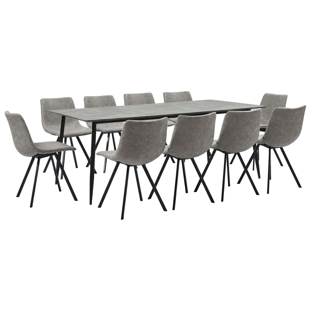 Set mobilier de bucatarie cu 1 masa si 10 scaune tapitate cu piele ecologica, vidaXL, Piele artificiala, 200 x 100 x 75 cm, Gri deschis