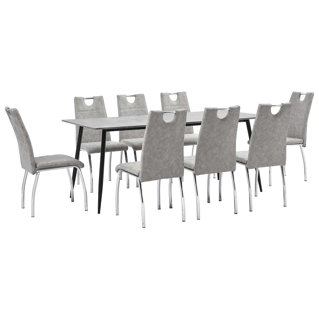 Set mobilier de living 9 piese, masa cu 8 scaune, vidaXL, Piele artificiala, 180 x 90 x 75 cm, Gri/Negru
