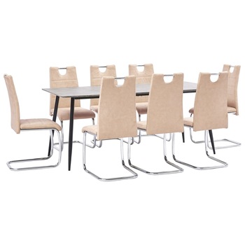 Set de masa de bucatarie cu 8 scaune cu maner tapitate, vidaXL, Piele artificiala, 44.5 x 53 x 96 cm, Crem