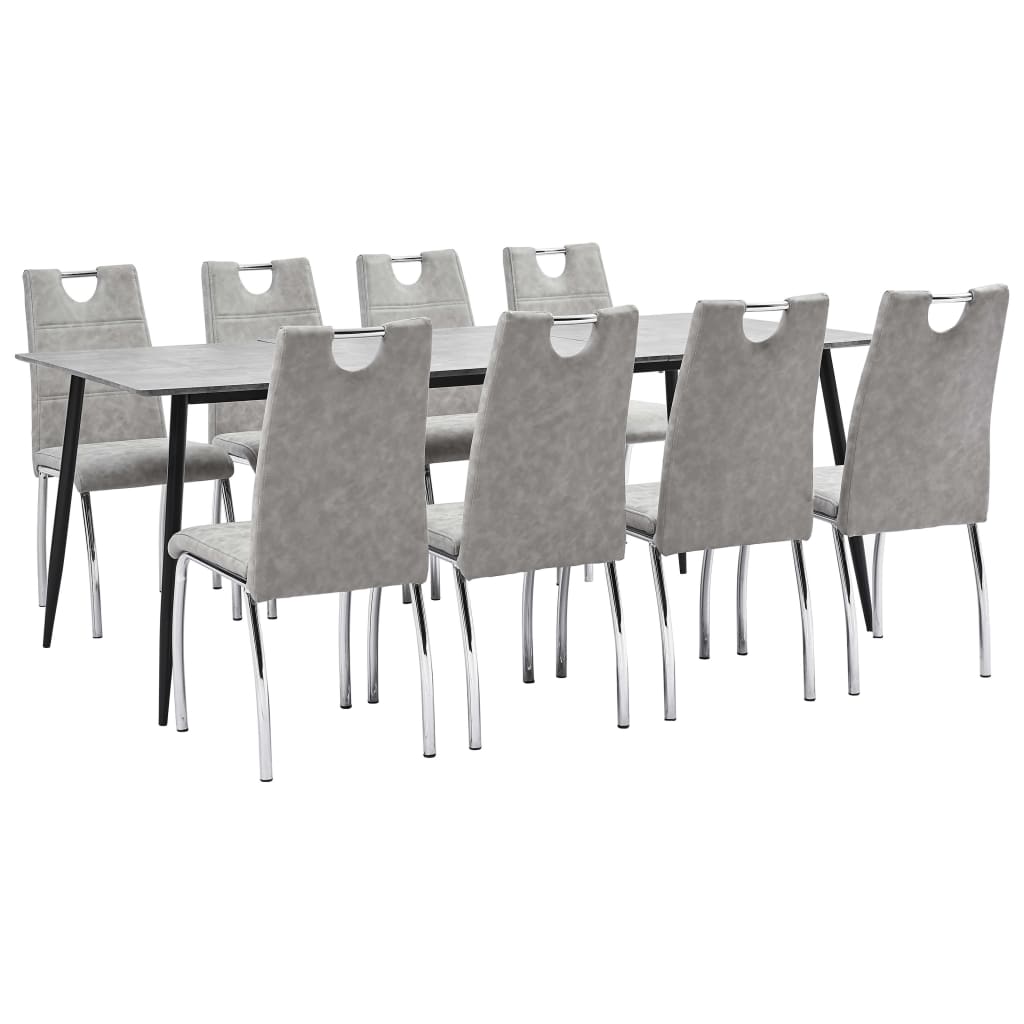 Set de masa de bucatarie cu 8 scaune cu maner tapitate, vidaXL, Piele artificiala, 45 x 60 x 94 cm, Gri deschis