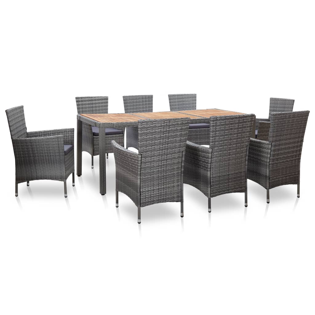 Set mobilier de exterior 9 piese masa cu scaune, vidaXL, Poliratan/Lemn, Gri, 190 x 90 x 75 cm