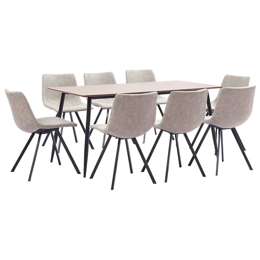 Set mobilier de living 9 piese, masa cu 8 scaune, vidaXL, Piele ecologica/MDF, 180 x 90 x 75 cm, Gri foarte deschis