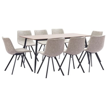Set mobilier de living 9 piese, masa cu 8 scaune, vidaXL, Piele ecologica/MDF, 180 x 90 x 75 cm, Gri foarte deschis Set mobilier de living 9 piese, masa cu 8 scaune, vidaXL, Piele ecologica/MDF, 180 x 90 x 75 cm, Gri foarte deschis