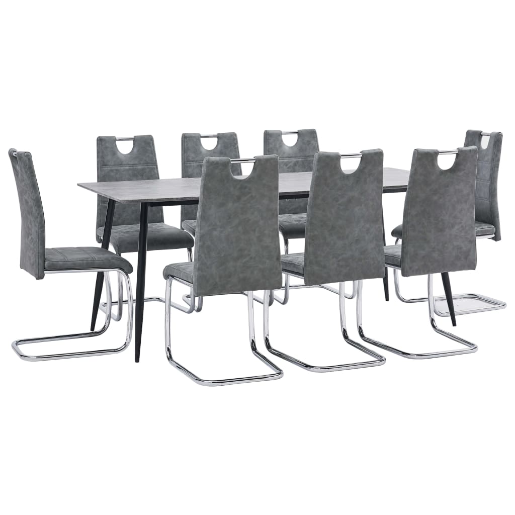 Set de masa de bucatarie cu 8 scaune cu maner tapitate, vidaXL, Piele artificiala, 44.5 x 53 x 96cm, Gri