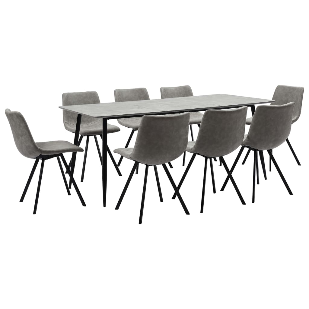 Set mobilier de bucatarie cu 1 masa si 8 scaune tapitate cu piele ecologica, vidaXL, Piele artificiala, 180 x 90 x 75 cm, Gri deschis