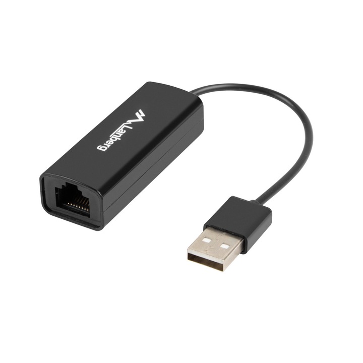 Мрежова карта Lanberg, 41869, USB 2.0 мъжки към RJ-45 майка, Ethernet адаптер, 10/100 Mb/s интернет, 10 см кабел, Черен