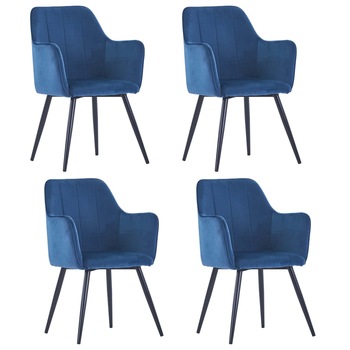 Set de 4 scaune de bucatarie, tapitate, vidaXL, Catifea/Otel, 57,5 x 54 x 85,5 cm, Albastru