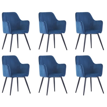 Set de 6 scaune de bucatarie, tapitate, vidaXL, Catifea/Otel, 57,5 x 54 x 85,5 cm, Albastru