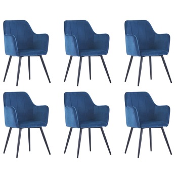 Set de 6 scaune de bucatarie, tapitate, vidaXL, Catifea/Otel, 57,5 x 54 x 85,5 cm, Albastru Set de 6 scaune de bucatarie, tapitate, vidaXL, Catifea/Otel, 57,5 x 54 x 85,5 cm, Albastru