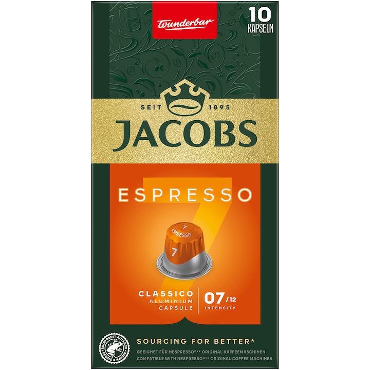Capsule cafea Jacobs Espresso Classico, intensitate 7, compatibile Nespresso, 10 capsule aluminiu, 50g