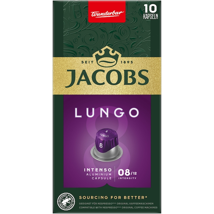 Capsule cafea Jacobs Lungo Intenso, intensitate 8, compatibile Nespresso, 10 capsule aluminiu, 50g
