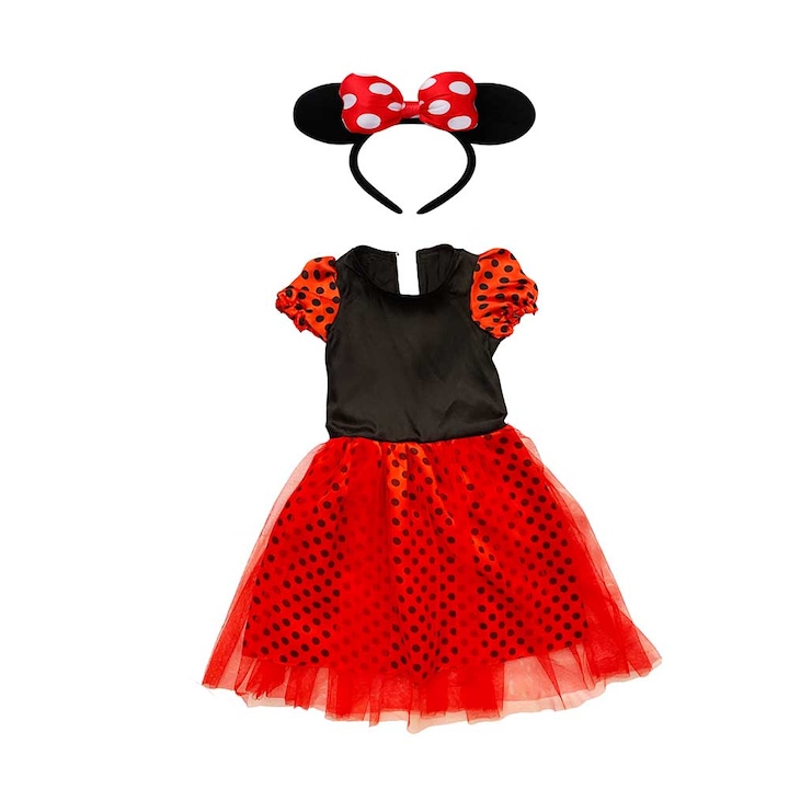 Rochie Minnie Mouse rosie cu buline si accesoriu pentru par Cordeluta cu Urechiuse, ideala pentru petreceri si aniversari AK4517