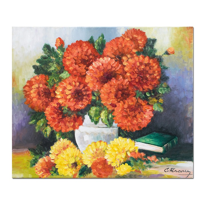 Tablou pictat manual - Ulcica cu crizanteme si carte - 60x50cm pictura ulei pe panza
