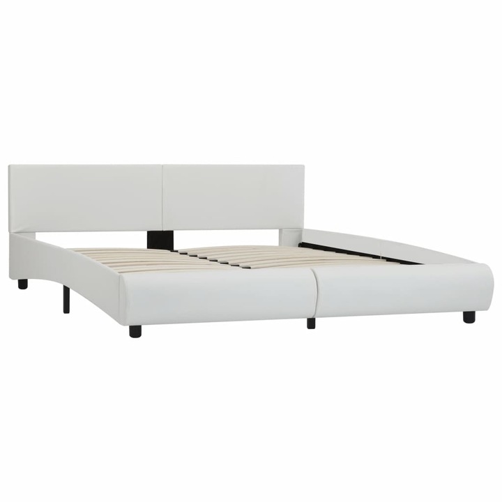Cadru de pat dublu cu LED, tapitat, vidaXL, Piele ecologica/Lemn, 160 x 200 cm, Alb