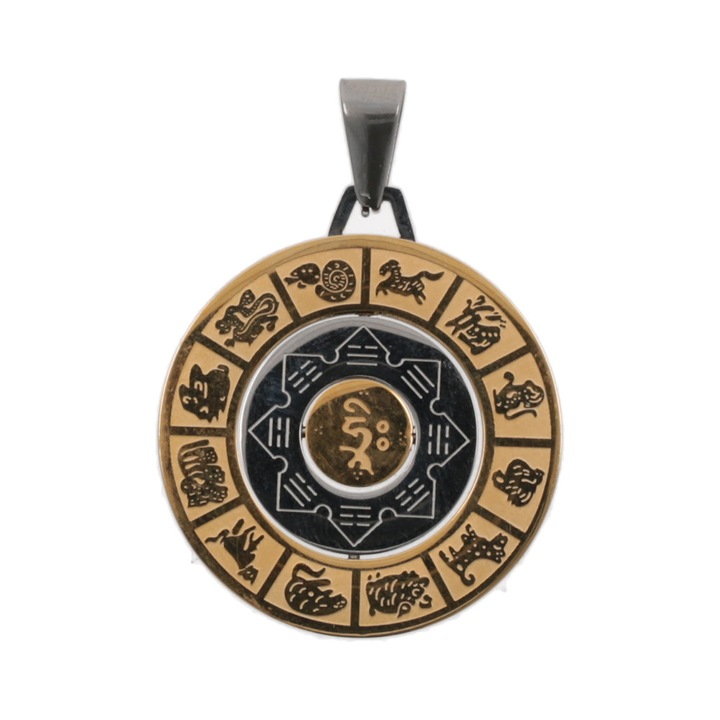 Amuleta de protectie, sanatate si prosperitate- Medalionul celor 8 simboluri tibetane, cele 12 zodii si silaba HRIH remediu Feng Shui din Metal, 45 mm lungime