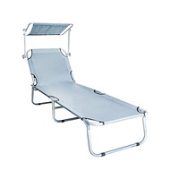 Sezlong pliabil pentru plaja, terasa sau gradina, reglabil, cu paravan pentru protectie solara, 120kg, gri