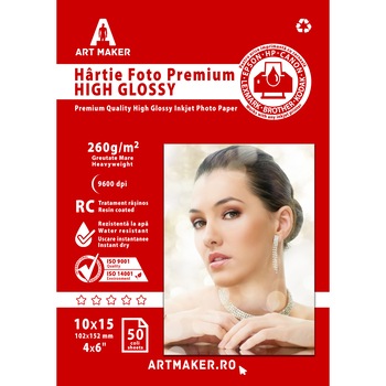 Hartie foto Art Maker Premium High Glossy, 260g/mp, RC, 10×15 cm, 50 coli Hartie foto Art Maker Premium High Glossy, 260g/mp, RC, 10×15 cm, 50 coli