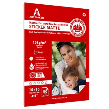 Hartie foto autoadeziva Art Maker Sticker Matte, 10×15, 108g/mp, 50 coli Hartie foto autoadeziva Art Maker Sticker Matte, 10×15, 108g/mp, 50 coli