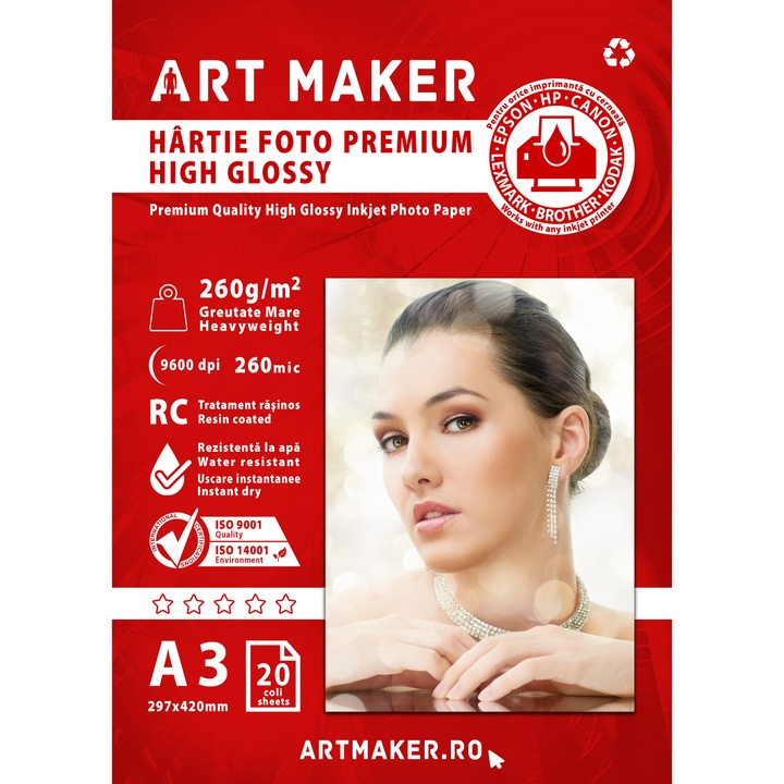 Hartie foto Art Maker Premium High Glossy, 260g/mp, rc, A3, 20 coli