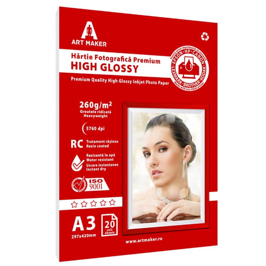 Hartie foto Art Maker Premium High Glossy, 260g/mp, rc, A3, 20 coli