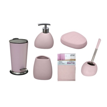 Set de baie Silk, Five, 6 piese, ceramica + metal+poliester, roz Set de baie Silk, Five, 6 piese, ceramica + metal+poliester, roz