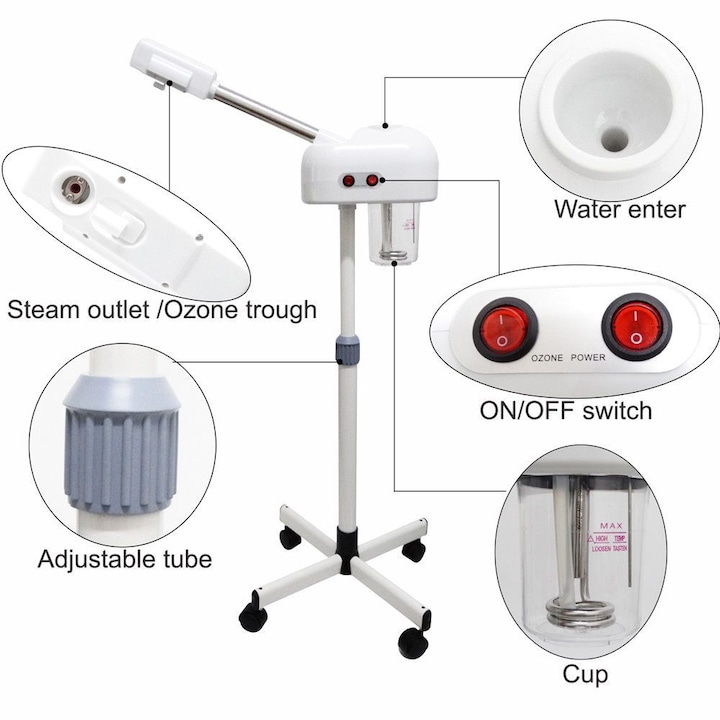 Aparat îngrijire facială ZoePRO COOL, vapozon cosmetic, tratament cu ozon, picior înalt, pentru ten