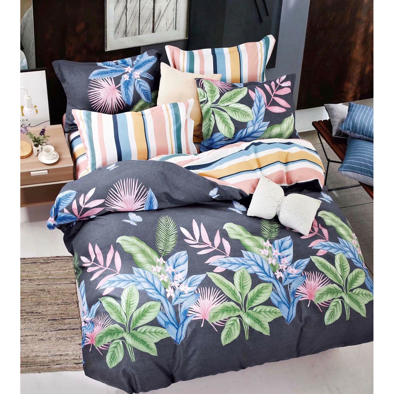 Set pentru pat din finet gros, 6 piese, JOJO HOME,cu Imprimeu Frunze si Flori