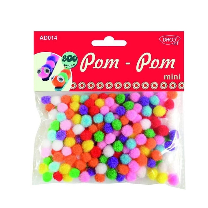 Комплект цветни топчета DACO Pom Pom, Размери 10 мм, 200 броя, Многоцветен