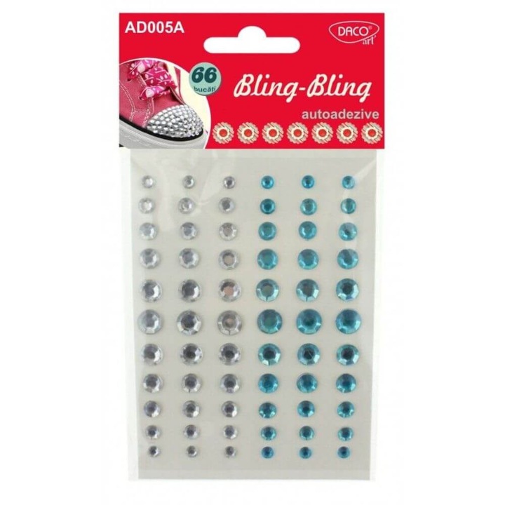 Diamante Adezive DACO, 66 Buc/Set, Plastic, Culoare Albastru si Alb, Strasuri, Perlute, Pietricele, Accesorii Craft