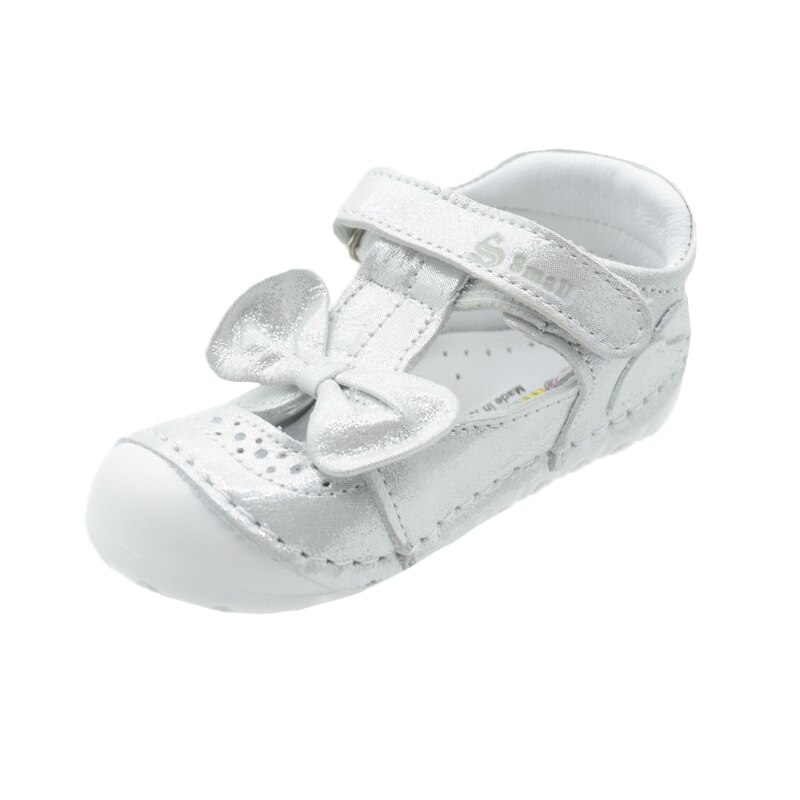 Pantofi ortopedici din piele, pentru fete, Small Foot, cu inchidere velcro si fundita, Argintiu