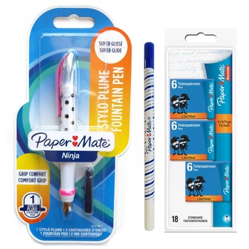 Stilou scolari Papermate + 18 cartuse + 1 pic cu rescriere Stilou scolari Papermate + 18 cartuse + 1 pic cu rescriere